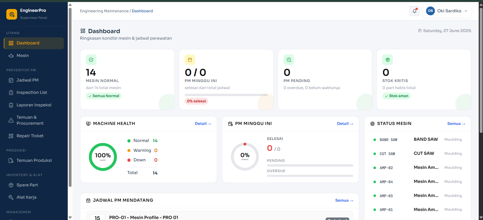 EngineerPro — dashboard preventive maintenance mesin pabrik